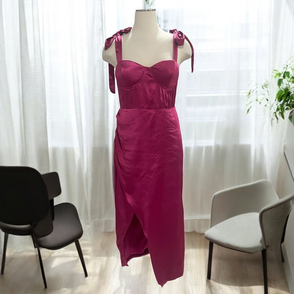 Lulus Fuchsia Satin Midi Dress Tie Shoulder Corset Bustier Slit Gown M‎ Barbie